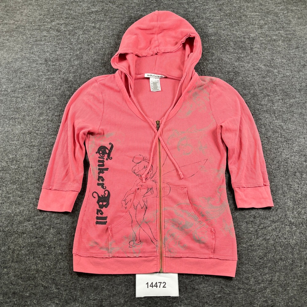 Disney Tinker Bell Hoodie Womens M Pink Cotton Waffle Knit 3/4 Sleeve Full Zip